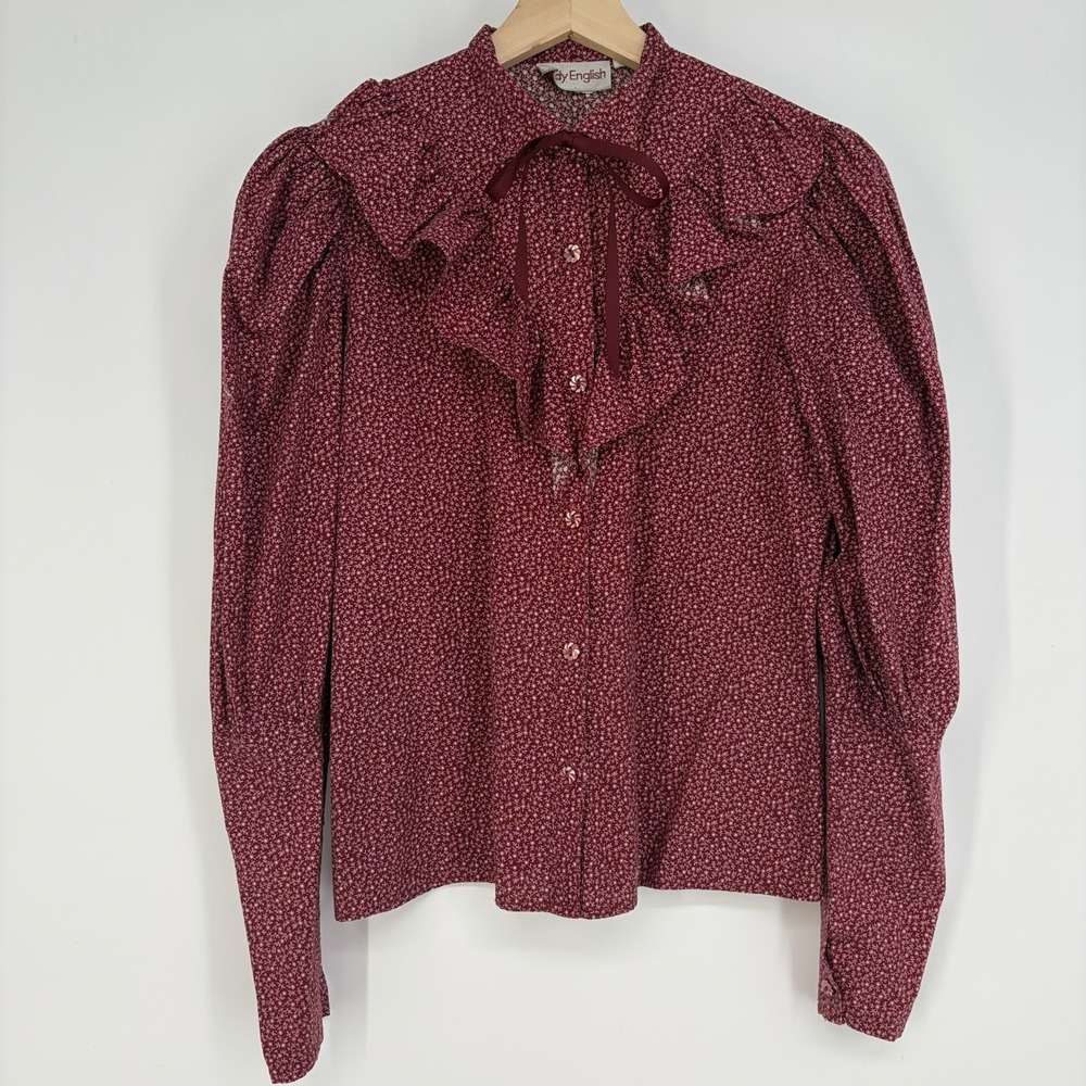 Vtg Prairie Ditsy Floral Ruffle Blouse XS S‎ Puff Sleeve 1980s ILGWU Cottagecore